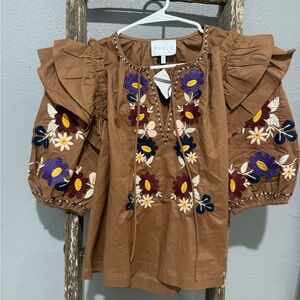 Brown Embroidered Blouse with Floral Design